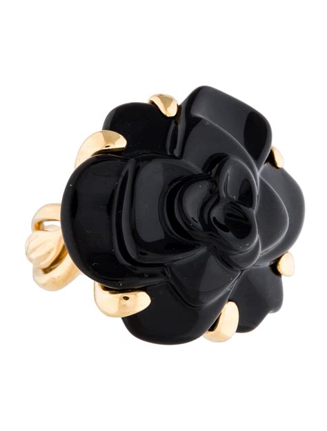 chanel camellia onyx ring|Chanel camellia flower earrings.